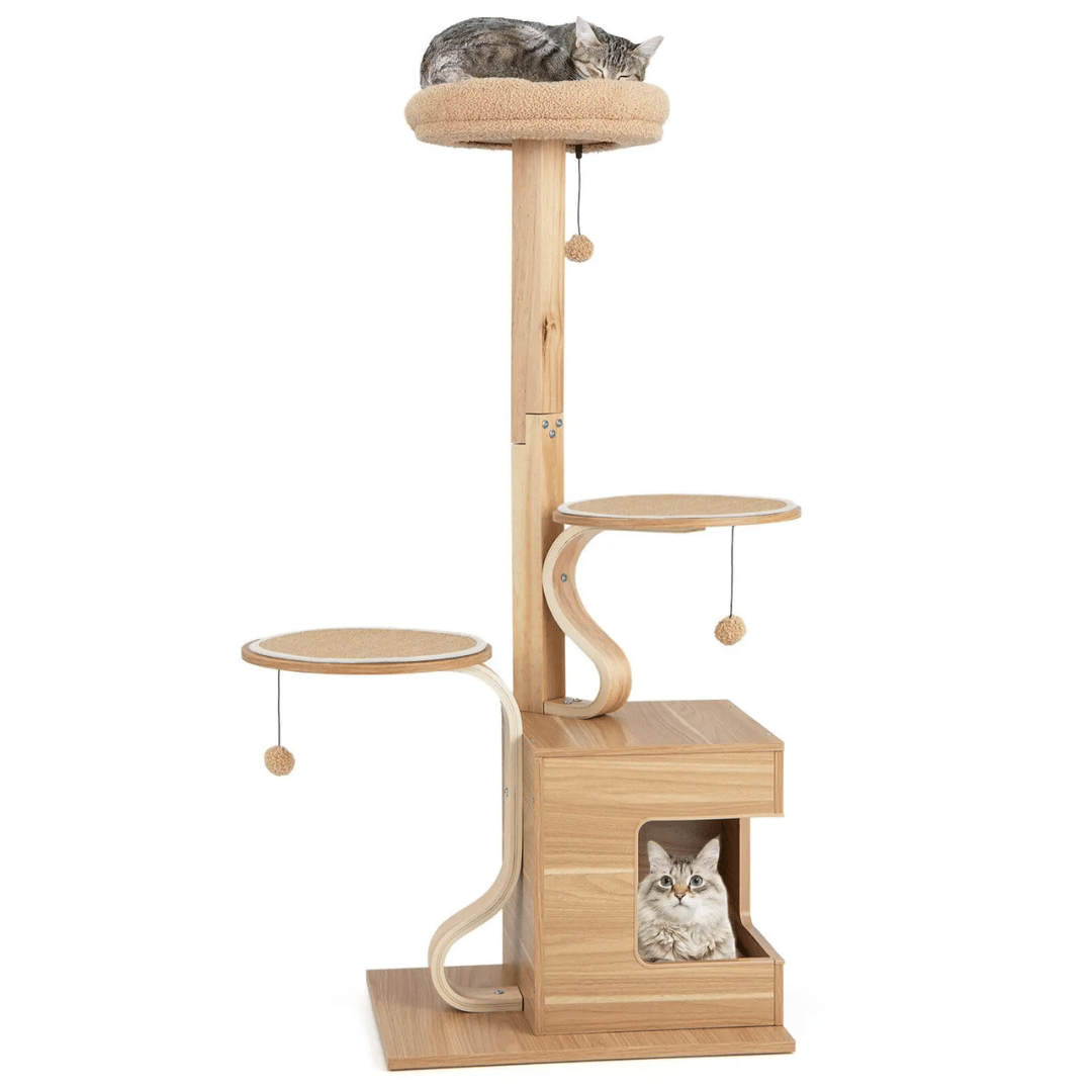 Tall Oak Wood Cat Tree with Plush Perch, Condo & Platforms 1