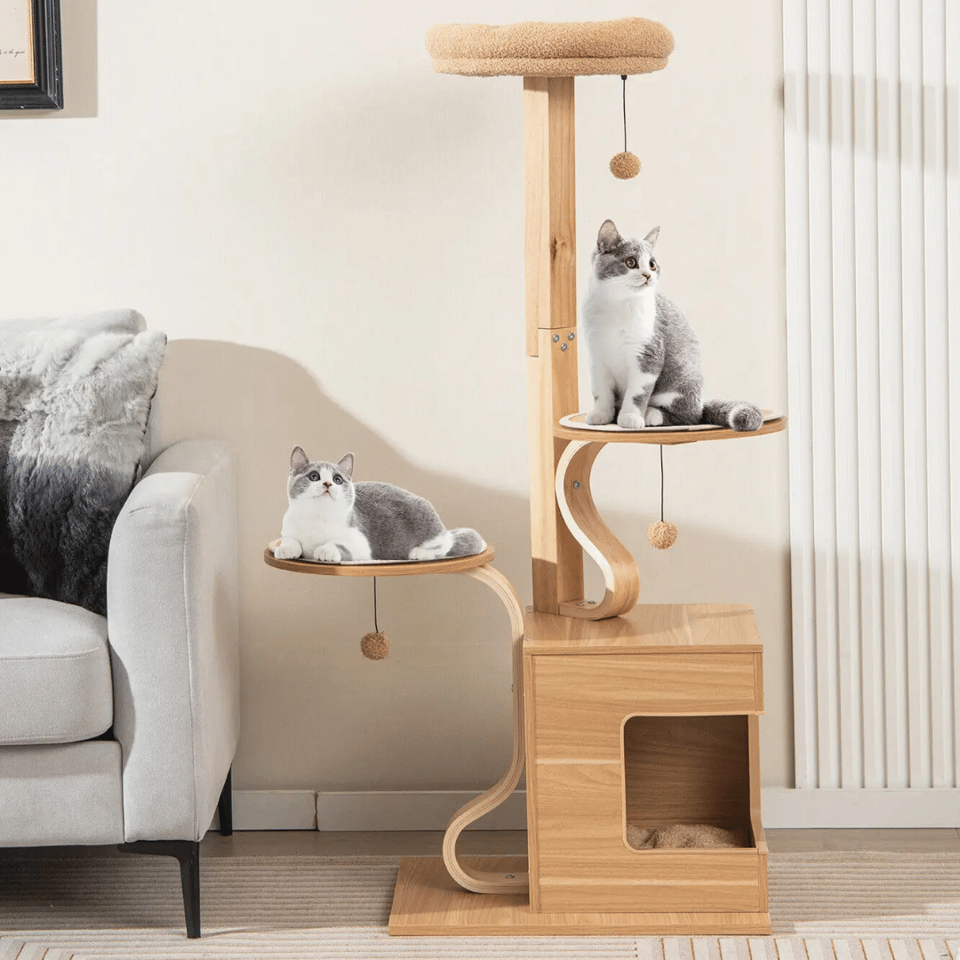 Tall Oak Wood Cat Tree with Plush Perch, Condo & Platforms 2