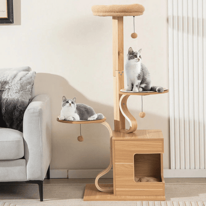 Tall Oak Wood Cat Tree with Plush Perch, Condo & Platforms 2