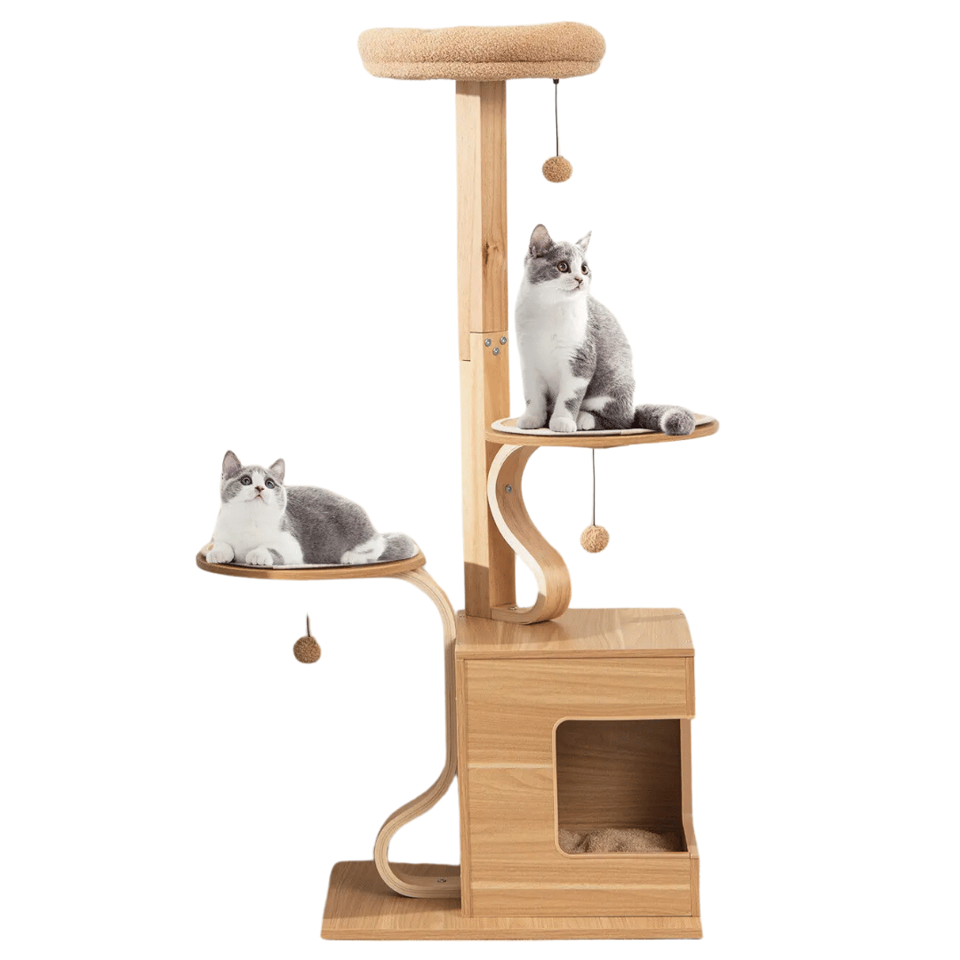 Tall Oak Wood Cat Tree with Plush Perch, Condo & Platforms 3
