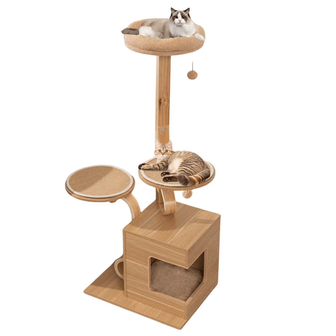 Tall Oak Wood Cat Tree with Plush Perch, Condo & Platforms 4