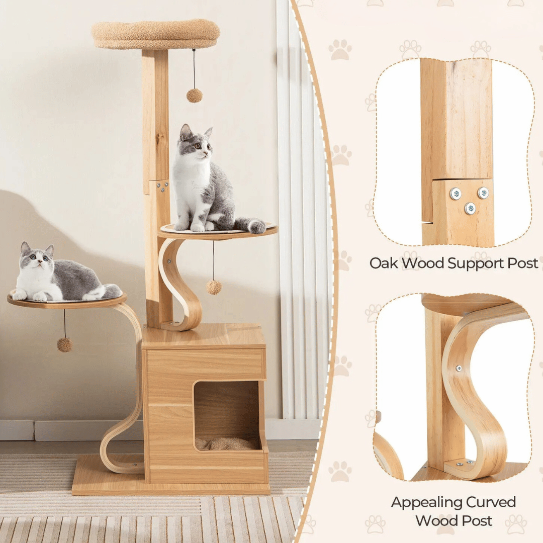 Tall Oak Wood Cat Tree with Plush Perch, Condo & Platforms 5