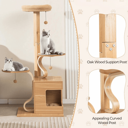 Tall Oak Wood Cat Tree with Plush Perch, Condo & Platforms 5