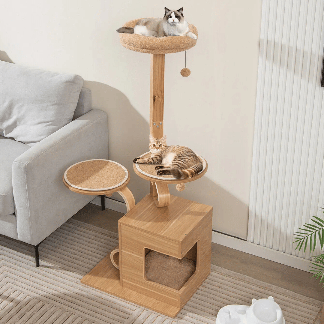 Tall Oak Wood Cat Tree with Plush Perch, Condo & Platforms 7