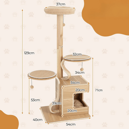 Tall Oak Wood Cat Tree with Plush Perch, Condo & Platforms 8
